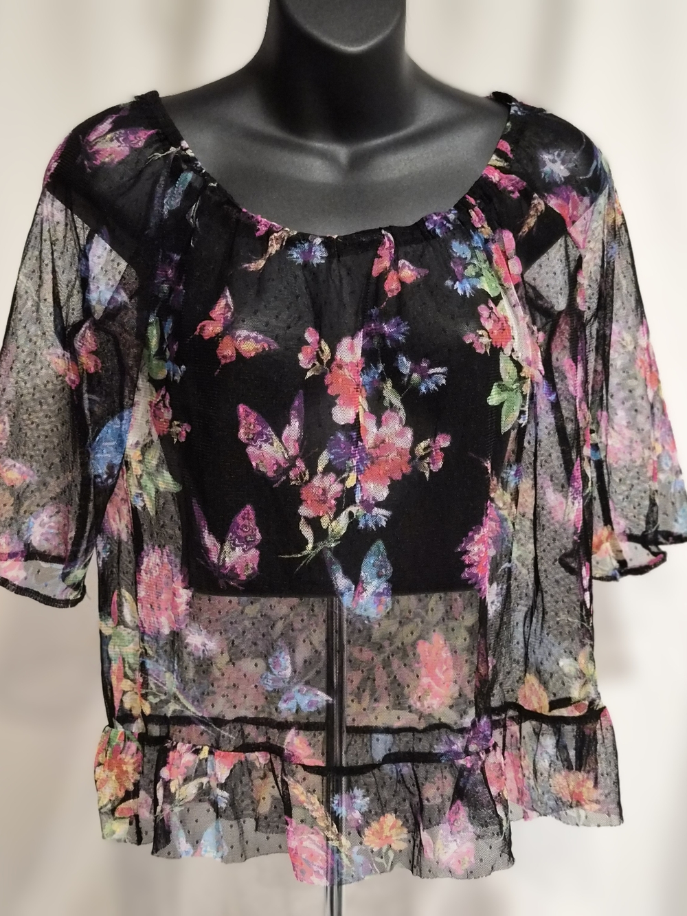 INC Butterfly Mesh Top Petite Small Sheer Pointelle Ruffle Blouse Whimsigoth